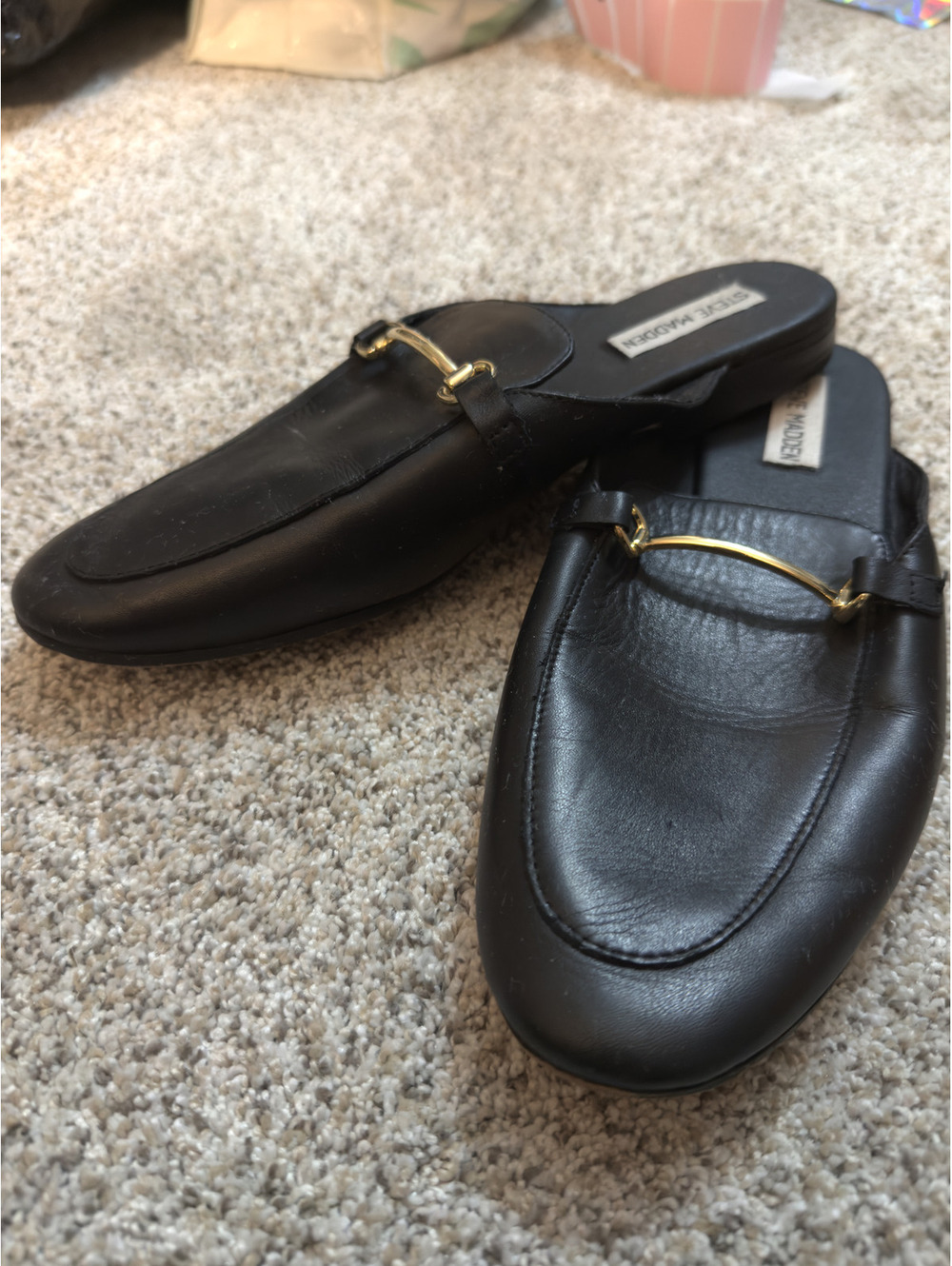 Steve Madden Galilea Black Leather Horsebit Mule Loafers Gold Slip On 9M